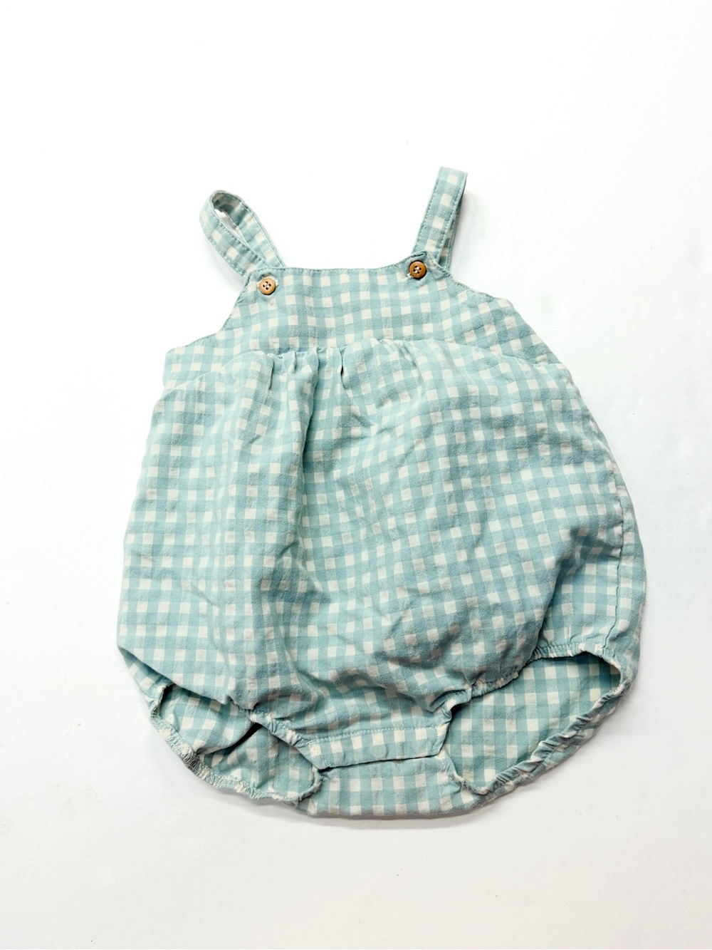 Zara Light Teal Blue Gingham One Piece Bubble Romper